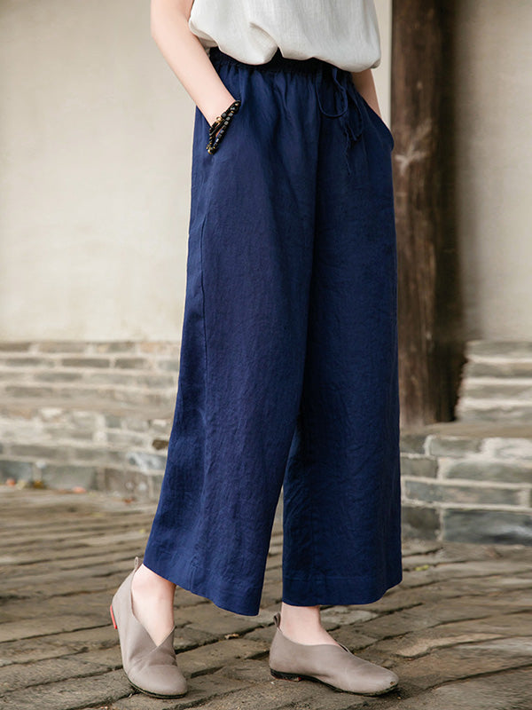 Simple Linen Column Elasticity Waist Pants