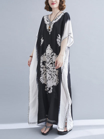 Bohemia Printed V-Neck Batwing Sleeves Contrast Color Maxi Dress