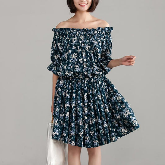 Cotton Off Shoulder Floral Navy Blue Dress