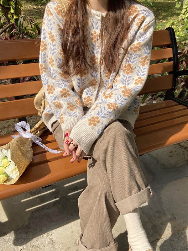 Original Buttoned Round-Neck Long Sleeves Cardigans