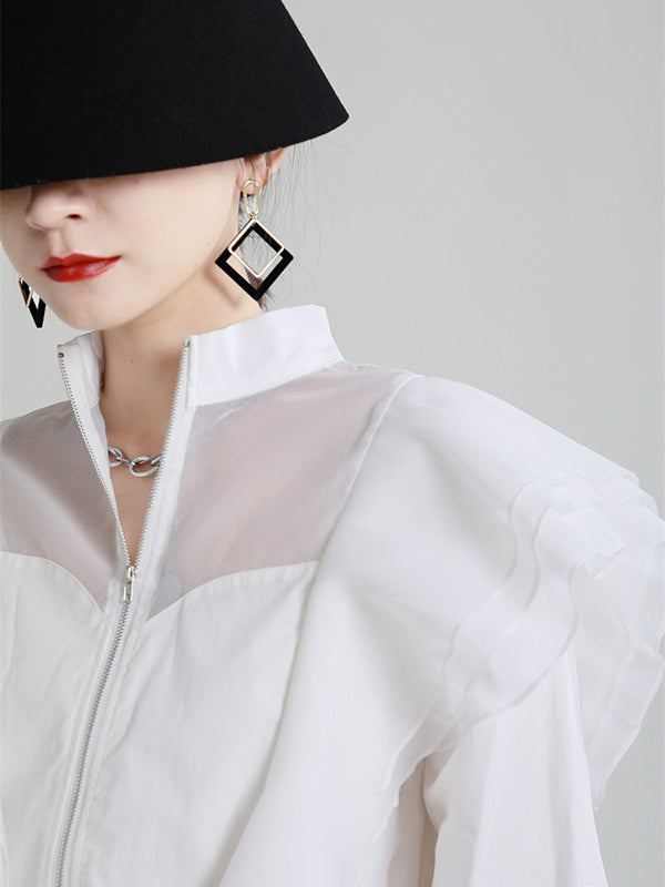 Stylish Solid Color Split-Joint Mesh Falbala Zipper Stand Collar Long Sleeves Outwear
