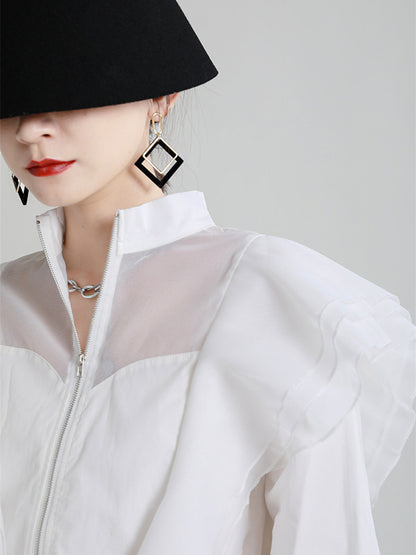 Stylish Solid Color Split-Joint Mesh Falbala Zipper Stand Collar Long Sleeves Outwear