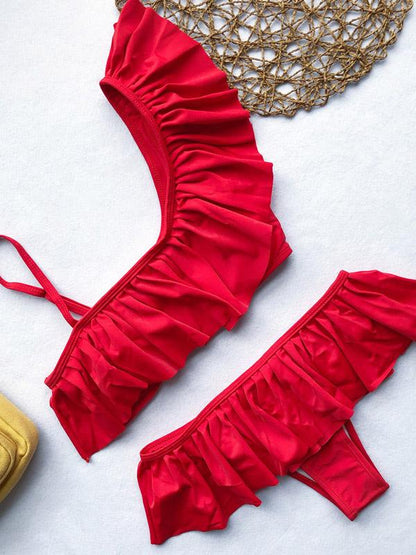 Ruffle Plain Strappy Bikini Swimsuit