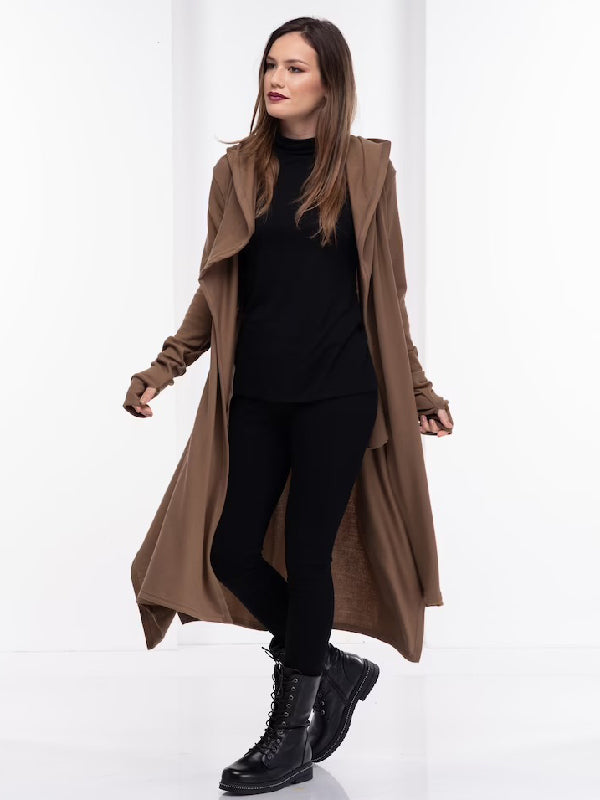 Simple Loose Coffee&Burgundy Split-Side Long Sleeves Hooded Outerwear