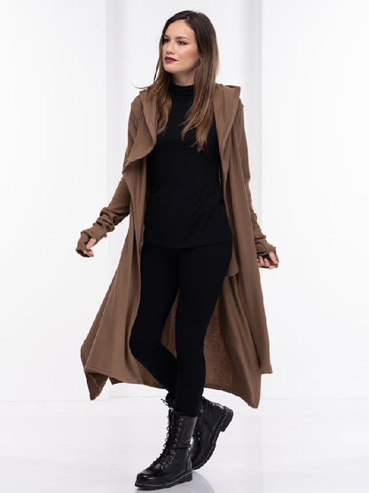 Simple Loose Coffee&Burgundy Split-Side Long Sleeves Hooded Outerwear