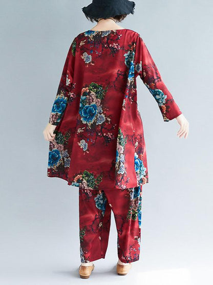Loose Flower Print Round-neck T-shirt+Pants Suits