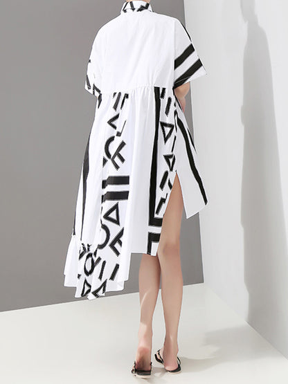 Loose Asymmetric Printed High-Low Lapel Split-Joint Midi Dress