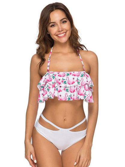 Flamingo Ruffled Top With Solid High Cut Bikini Set