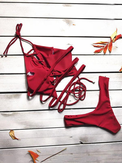 Sexy Lace Up Solid Bikinis Swimwear