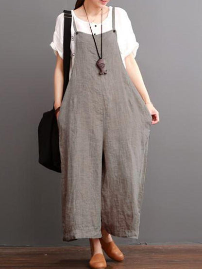 Gray Linen Wide Leg Loose Jumpsuits