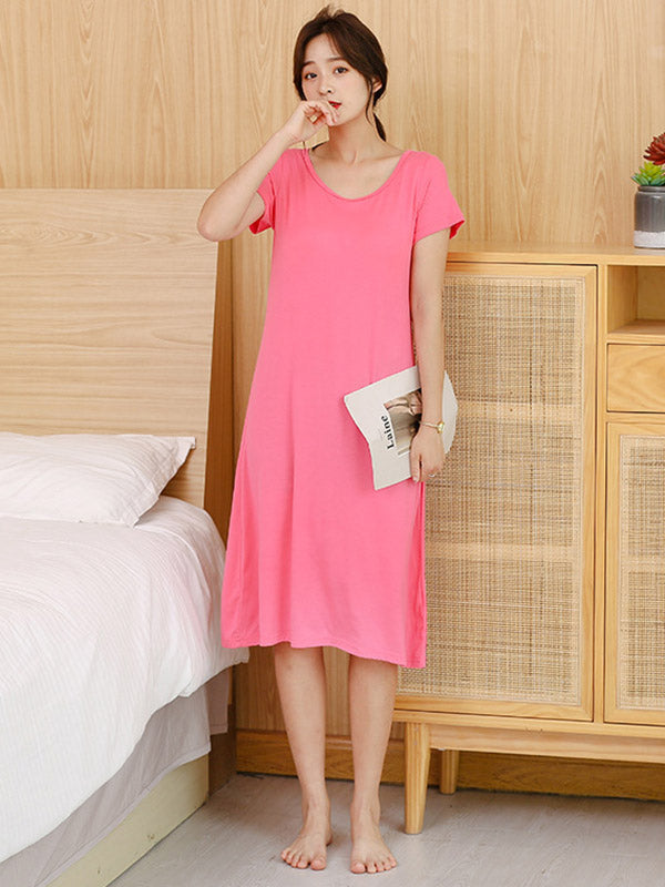 Comfortable 5 Colors Round-Neck Short Sleeves Pajama Dress