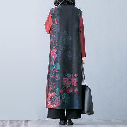 Buykud Floral Print O-Neck Casual Elegant Trench Coat
