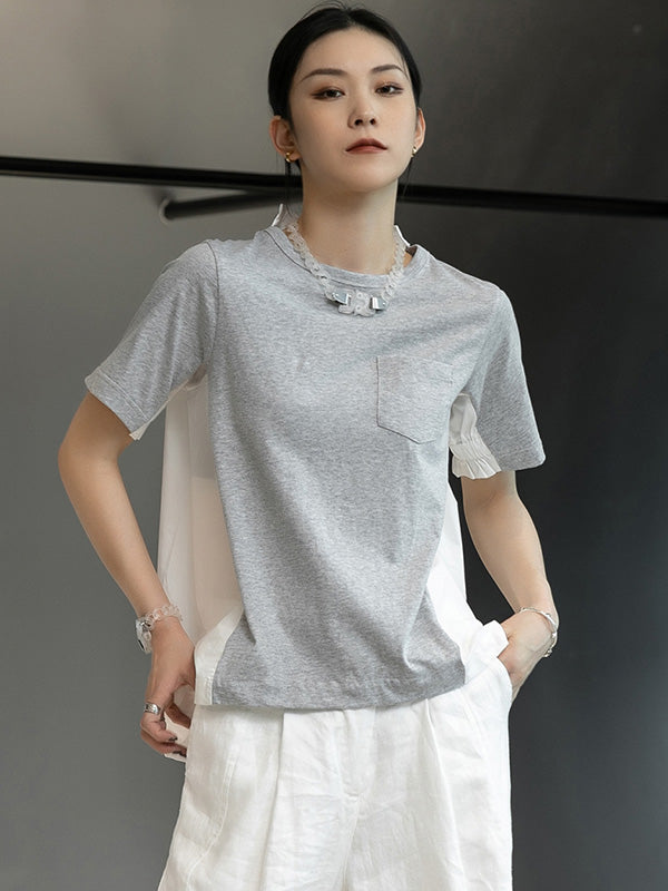 Original Split-Joint Round-Neck High-Low Buttoned T-Shirt
