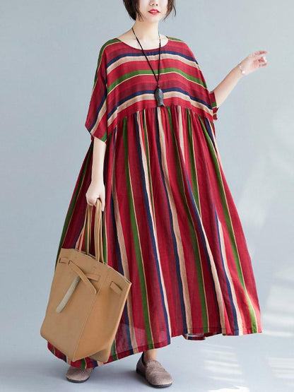 Loose Retro Striped Round-neck Long Dress