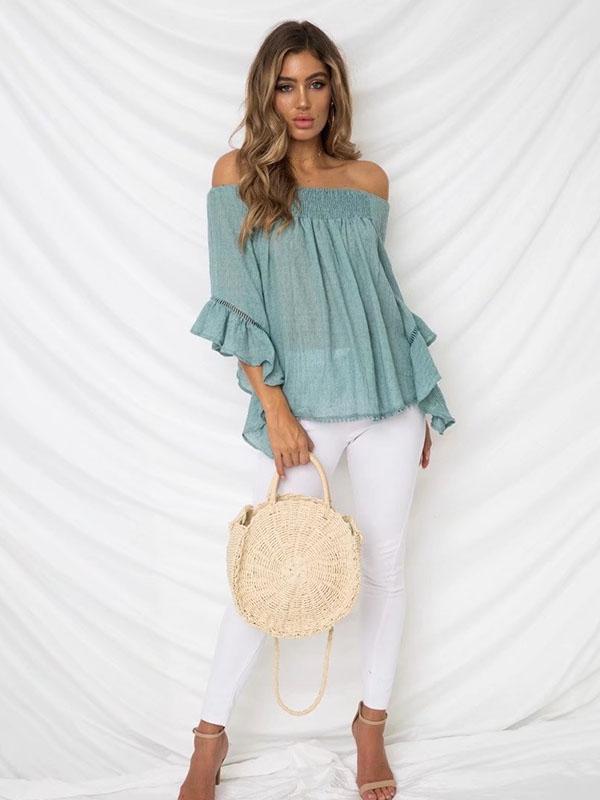 Solid Color Off-the-shoulder Backless Falbala Blouses&shirts Tops