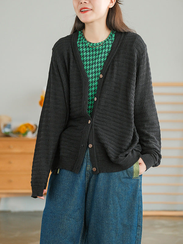 Casual Solid Color Buttoned V-Neck Long Sleeves Jacquard Knitted Cardigan