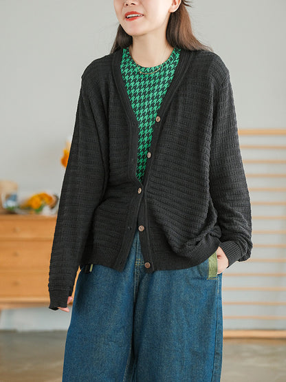 Casual Solid Color Buttoned V-Neck Long Sleeves Jacquard Knitted Cardigan