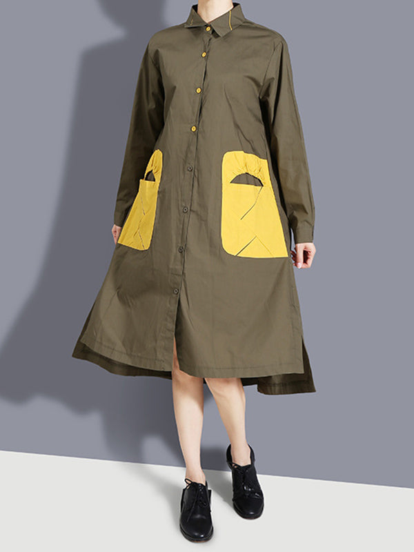 Casual Split-Joint Buttoned Lapel Collar Long Sleeves Midi Shirt Dress