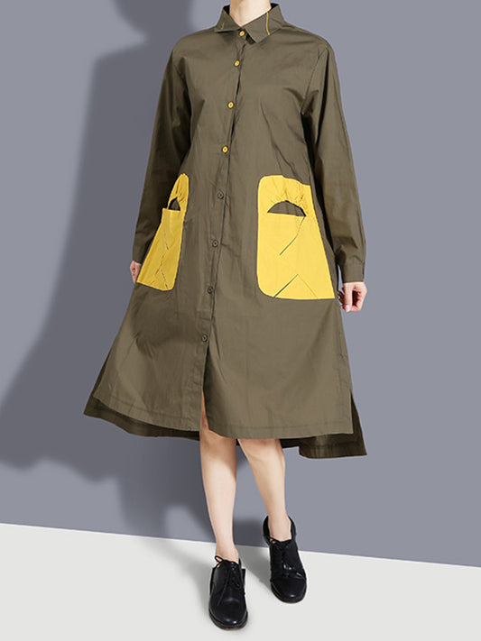 Casual Split-Joint Buttoned Lapel Collar Long Sleeves Midi Shirt Dress