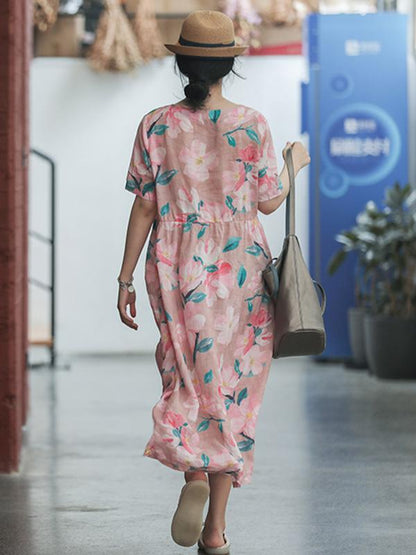 Literary Printed Ramie Cotton Long Dress