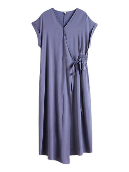 Casual Loose Solid Color Tied V-Neck Short Raglan Sleeves Maxi Dress