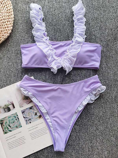 Ruffled Embellished Bandeau Split Bikini Swimsuit