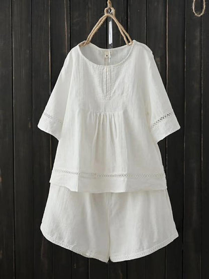 Ruffled Hollow Shirt + Solid Wide Leg Shorts Suit