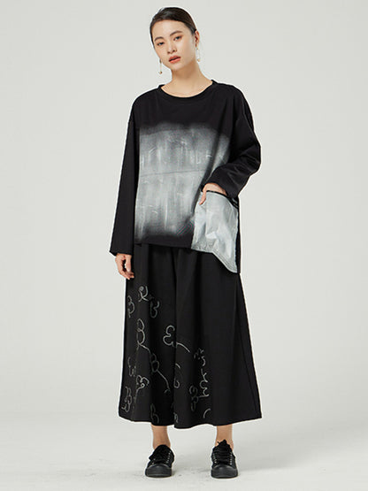 Original Asymmetric Split-Joint Gradient Round-Neck Long Sleeves T-Shirt Tops