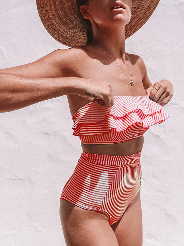 Falbala Tiered  Striped Bandeau Split Bikini Swimsuit
