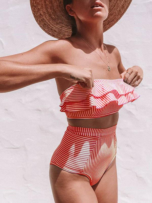Falbala Tiered  Striped Bandeau Split Bikini Swimsuit