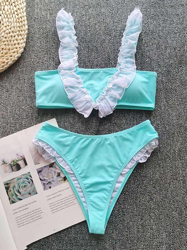 Ruffled Embellished Bandeau Split Bikini Swimsuit