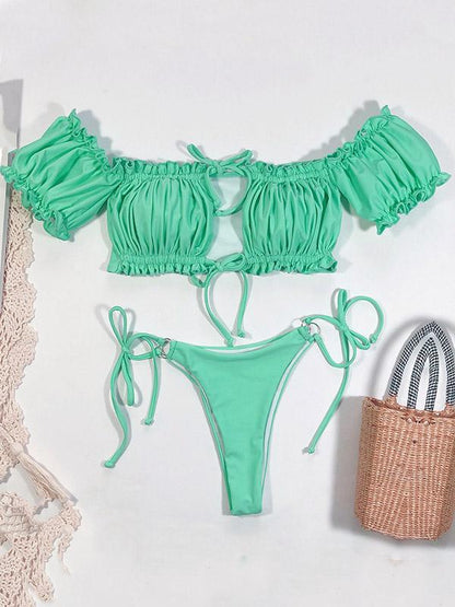 Solid Color Ruffled Short Sleeve Bandage Split Bikini Swimsuit