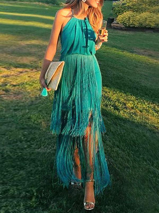Halter-neck Tasseled Split-joint Maxi Dress