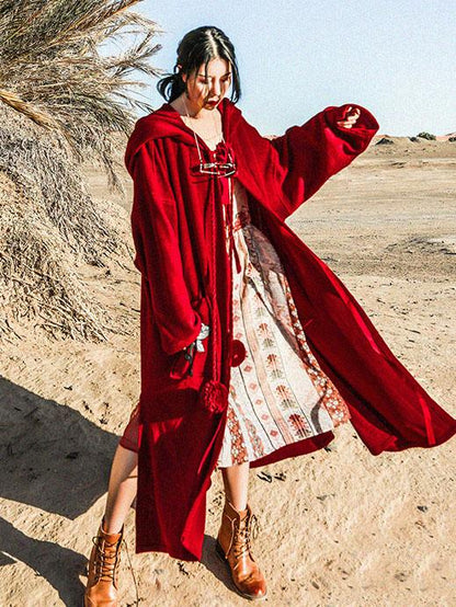 Loose Burgundy Vintage Pompom Triming Wind Coat Outwear