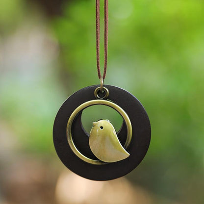 Cute Metal Bird Shape Round Wood Pendant Necklace