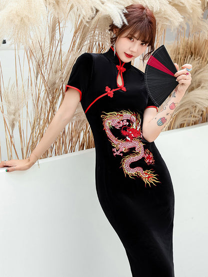Original Dragon Embroidered Stand Collar Short Sleeves Long Cheongsams