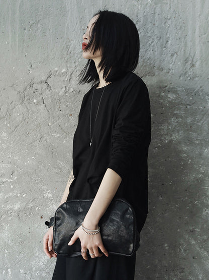 Casual Solid Color Pleated Long Sleeves Round-Neck T-Shirt Tops