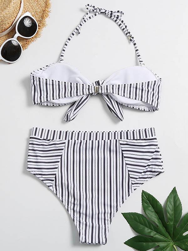 Striped Printed Knotted Split Bikini Swimsuit