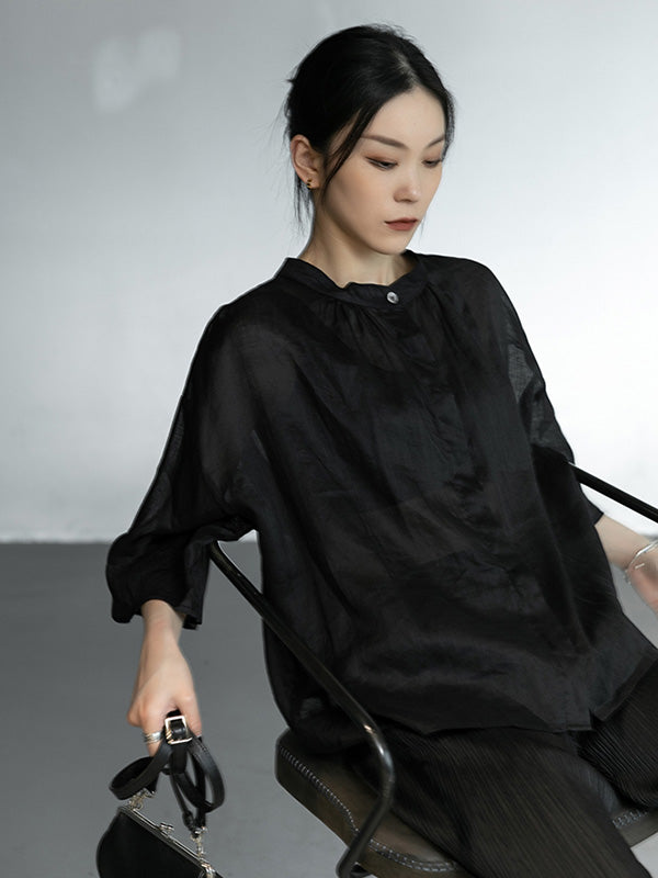 Linen Black&White Round-Neck Flared Sleeves T-Shirt