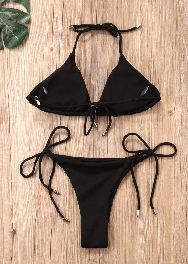Solid Color Bandage Triangle Split Bikini Swimsuit