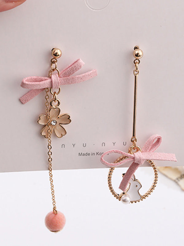 Cute Flower Rabbit Shape Bow-Embellished Asymmetric Earrings