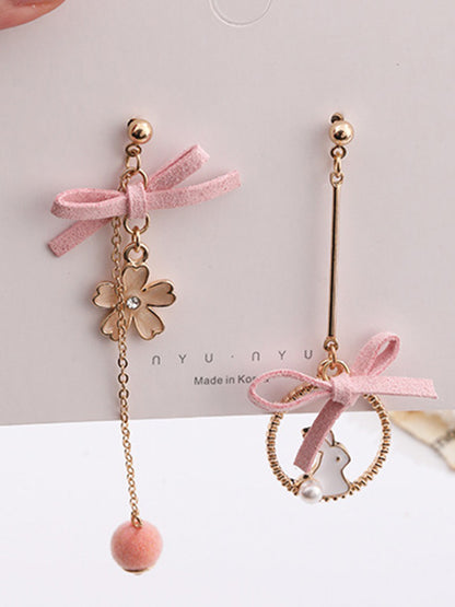 Cute Flower Rabbit Shape Bow-Embellished Asymmetric Earrings
