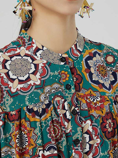 National Floral Printed Buttoned Pleated Stand Collar Long Sleeves Midi Dress