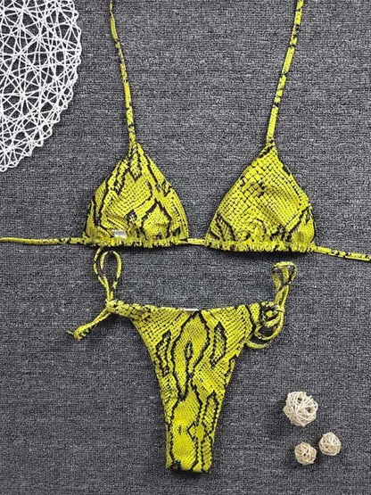 Snake-Print Triangle Bandage Split Bikini Swimsuit