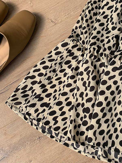 Stylish Polka-Dot Pleated Round-Neck Long Sleeves Loose Midi Dress