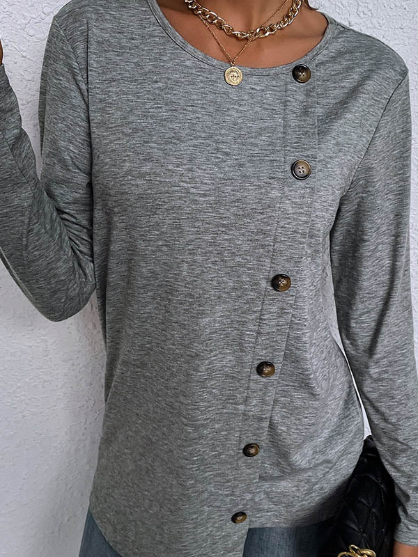 Casual Round-Neck Buttoned Asymmetric T-Shirt