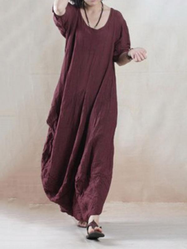 Tencel Half Sleeves Round-neck Maxi Dress