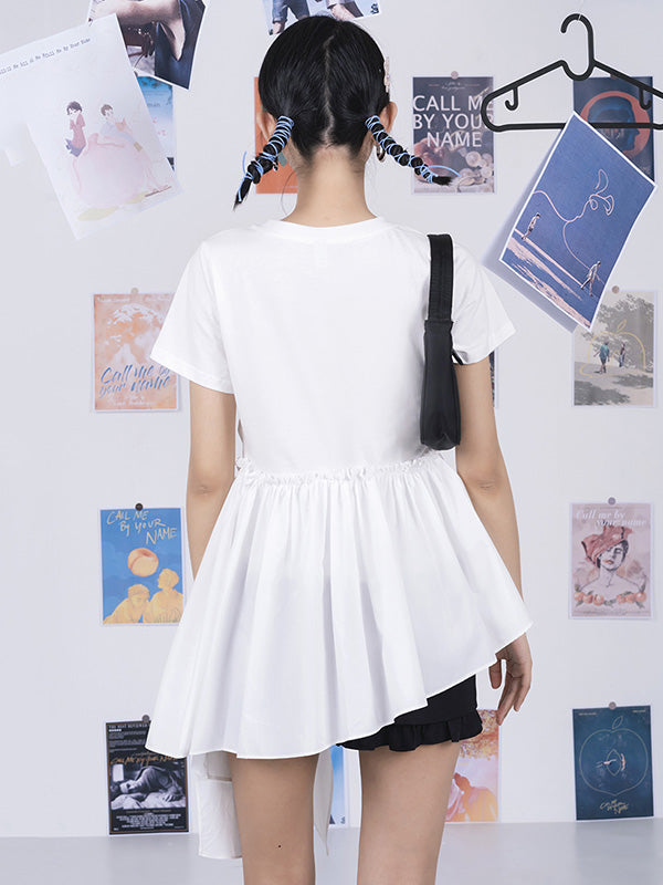 Fashion White Pleats Asymmetric Split-Joint Round-Neck T-Shirts Top
