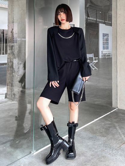 Cool Solid Color Split-Joint With Chain Round-Neck Long Sleeves T-Shirt