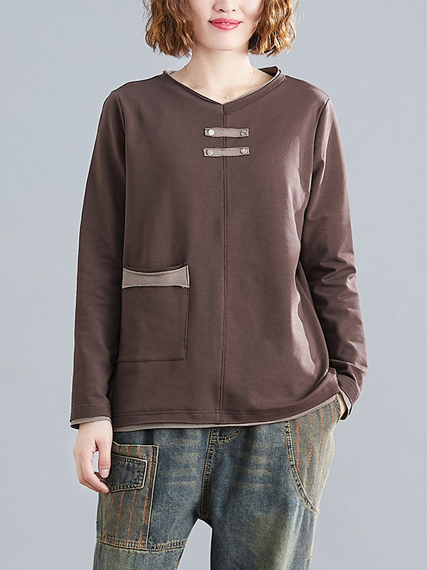 Casual Split-Joint Round-Neck Long Sleeves T-Shirts Top